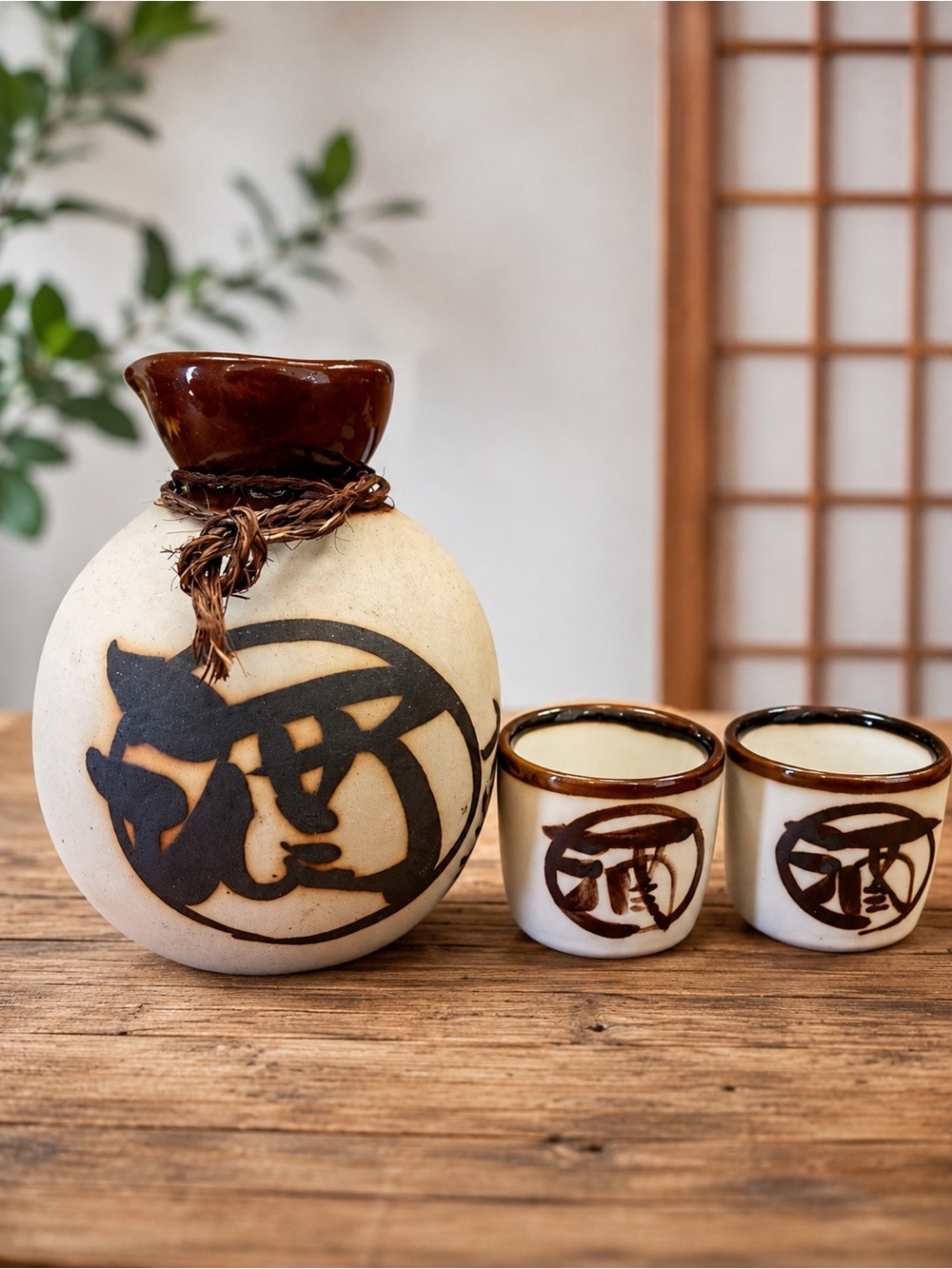 Vintage Japanese Mino Ware Sake Set Tokkuri Bottle 2 Cups Signed Cream Glaze‎